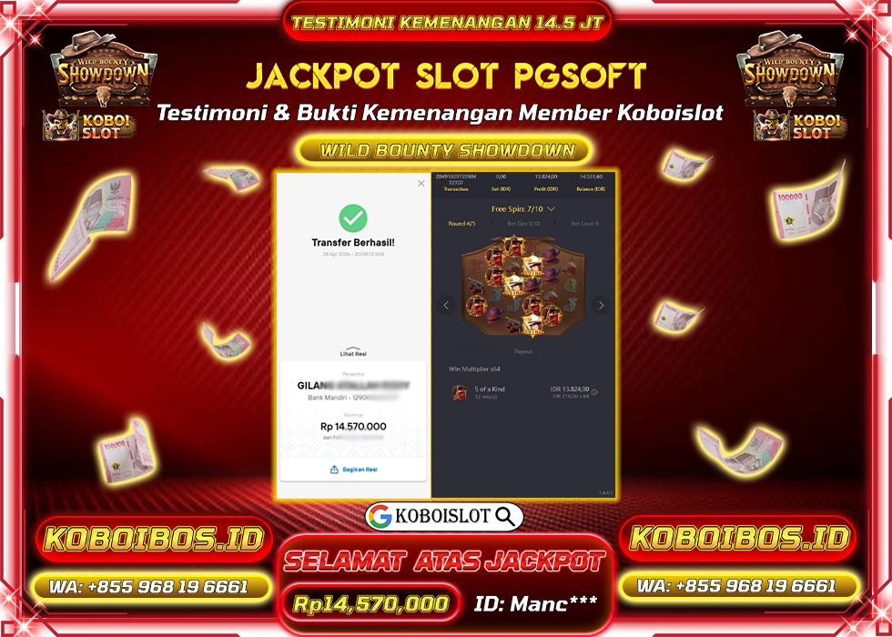 BUKTI KEMENANGAN Manc*** SLOT GACOR WILD BOUNTY SHOWDOWN Rp14.570.000,- LUNAS